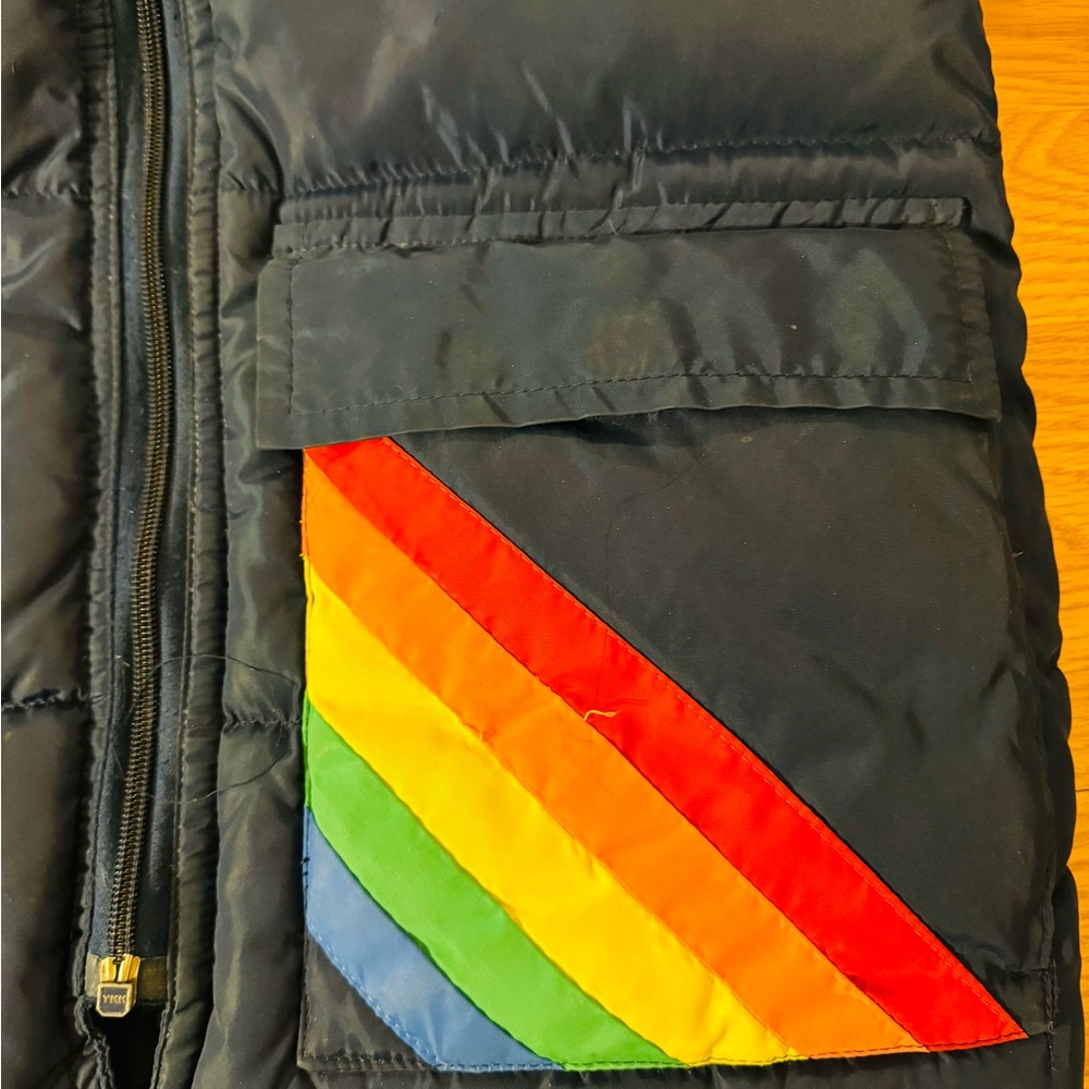 Vintage 70s Prime North Navy Blue Rainbow Stripe Ski Winter Down Jacket VGUC Sm - Picture 4 of 16